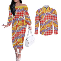 Hawaii Kahili Palaka Motifs Couples Matching Off The Shoulder Long Sleeve Dress and Long Sleeve Button Shirt Hawaiian Honohono Pikake Lei