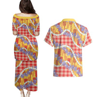 Hawaii Kahili Palaka Motifs Couples Matching Puletasi and Hawaiian Shirt Hawaiian Honohono Pikake Lei LT14 - Polynesian Pride