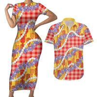 Hawaii Kahili Palaka Motifs Couples Matching Short Sleeve Bodycon Dress and Hawaiian Shirt Hawaiian Honohono Pikake Lei LT14 Red - Polynesian Pride