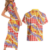 Hawaii Kahili Palaka Motifs Couples Matching Short Sleeve Bodycon Dress and Hawaiian Shirt Hawaiian Honohono Pikake Lei LT14 - Polynesian Pride