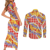 Hawaii Kahili Palaka Motifs Couples Matching Short Sleeve Bodycon Dress and Long Sleeve Button Shirt Hawaiian Honohono Pikake Lei