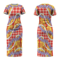 Hawaii Kahili Palaka Motifs Couples Matching Short Sleeve Bodycon Dress and Long Sleeve Button Shirt Hawaiian Honohono Pikake Lei LT14 - Polynesian Pride
