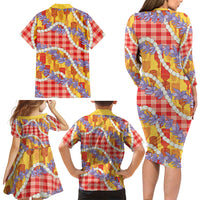 Hawaii Kahili Palaka Motifs Family Matching Long Sleeve Bodycon Dress and Hawaiian Shirt Hawaiian Honohono Pikake Lei LT14 Mom's Dress Red - Polynesian Pride