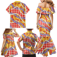 Hawaii Kahili Palaka Motifs Family Matching Mermaid Dress and Hawaiian Shirt Hawaiian Honohono Pikake Lei LT14 Mom's Dress Red - Polynesian Pride