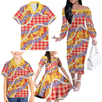 Hawaii Kahili Palaka Motifs Family Matching Off The Shoulder Long Sleeve Dress and Hawaiian Shirt Hawaiian Honohono Pikake Lei LT14 - Polynesian Pride