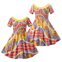 Hawaii Kahili Palaka Motifs Family Matching Off The Shoulder Long Sleeve Dress and Hawaiian Shirt Hawaiian Honohono Pikake Lei LT14 Daughter's Dress Red - Polynesian Pride