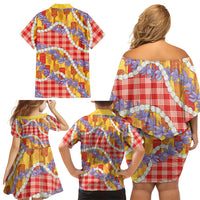 Hawaii Kahili Palaka Motifs Family Matching Off Shoulder Short Dress and Hawaiian Shirt Hawaiian Honohono Pikake Lei LT14 Mom's Dress Red - Polynesian Pride