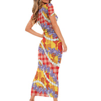 Hawaii Kahili Palaka Motifs Short Sleeve Bodycon Dress Hawaiian Honohono Pikake Lei