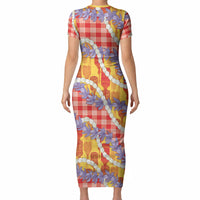Hawaii Kahili Palaka Motifs Short Sleeve Bodycon Dress Hawaiian Honohono Pikake Lei LT14 - Polynesian Pride