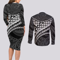 Hawaii Lauhala Tattoo Couples Matching Long Sleeve Bodycon Dress and Long Sleeve Button Shirt Hawaiian Hala Leaf Weaving