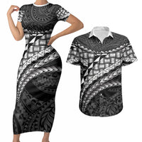 Hawaii Lauhala Tattoo Couples Matching Short Sleeve Bodycon Dress and Hawaiian Shirt Hawaiian Hala Leaf Weaving LT14 Black - Polynesian Pride