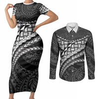 Hawaii Lauhala Tattoo Couples Matching Short Sleeve Bodycon Dress and Long Sleeve Button Shirt Hawaiian Hala Leaf Weaving LT14 Black - Polynesian Pride