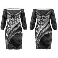 Hawaii Lauhala Tattoo Family Matching Off The Shoulder Long Sleeve Dress and Hawaiian Shirt Hawaiian Hala Leaf Weaving LT14 Mom's Dress Black - Polynesian Pride
