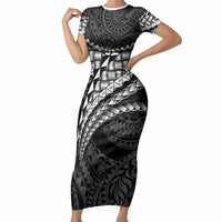 Hawaii Lauhala Tattoo Short Sleeve Bodycon Dress Hawaiian Hala Leaf Weaving LT14 Long Dress Black - Polynesian Pride