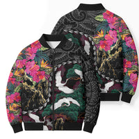 Hawaiian and Japanese Culture Bomber Puffer Jacket Crane Sakura Hibiscus Tropical Vibes