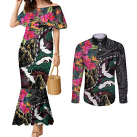 Hawaiian and Japanese Culture Couples Matching Mermaid Dress and Long Sleeve Button Shirt Crane Sakura Hibiscus Tropical Vibes