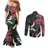 Hawaiian and Japanese Culture Couples Matching Mermaid Dress and Long Sleeve Button Shirt Crane Sakura Hibiscus Tropical Vibes