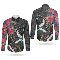 Hawaiian and Japanese Culture Couples Matching Off Shoulder Maxi Dress and Long Sleeve Button Shirt Crane Sakura Hibiscus Tropical Vibes LT14 - Polynesian Pride