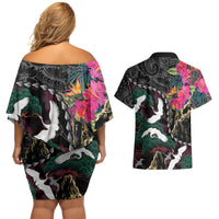 Hawaiian and Japanese Culture Couples Matching Off Shoulder Short Dress and Hawaiian Shirt Crane Sakura Hibiscus Tropical Vibes