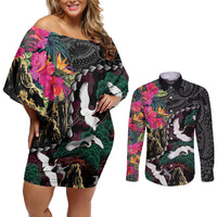 Hawaiian and Japanese Culture Couples Matching Off Shoulder Short Dress and Long Sleeve Button Shirt Crane Sakura Hibiscus Tropical Vibes