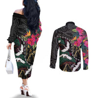 Hawaiian and Japanese Culture Couples Matching Off The Shoulder Long Sleeve Dress and Long Sleeve Button Shirt Crane Sakura Hibiscus Tropical Vibes