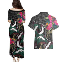 Hawaiian and Japanese Culture Couples Matching Puletasi and Hawaiian Shirt Crane Sakura Hibiscus Tropical Vibes LT14 - Polynesian Pride