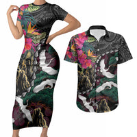 Hawaiian and Japanese Culture Couples Matching Short Sleeve Bodycon Dress and Hawaiian Shirt Crane Sakura Hibiscus Tropical Vibes LT14 Black - Polynesian Pride
