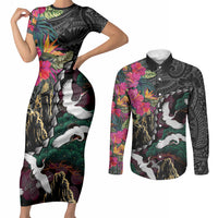 Hawaiian and Japanese Culture Couples Matching Short Sleeve Bodycon Dress and Long Sleeve Button Shirt Crane Sakura Hibiscus Tropical Vibes LT14 Black - Polynesian Pride