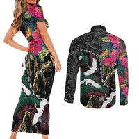 Hawaiian and Japanese Culture Couples Matching Short Sleeve Bodycon Dress and Long Sleeve Button Shirt Crane Sakura Hibiscus Tropical Vibes