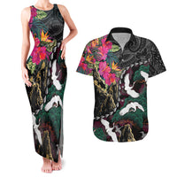 Hawaiian and Japanese Culture Couples Matching Tank Maxi Dress and Hawaiian Shirt Crane Sakura Hibiscus Tropical Vibes