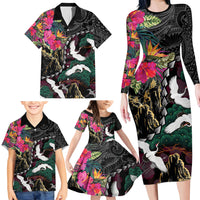 Hawaiian and Japanese Culture Family Matching Long Sleeve Bodycon Dress and Hawaiian Shirt Crane Sakura Hibiscus Tropical Vibes LT14 - Polynesian Pride