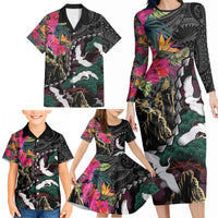 Hawaiian and Japanese Culture Family Matching Long Sleeve Bodycon Dress and Hawaiian Shirt Crane Sakura Hibiscus Tropical Vibes LT14 - Polynesian Pride
