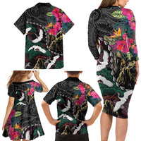 Hawaiian and Japanese Culture Family Matching Long Sleeve Bodycon Dress and Hawaiian Shirt Crane Sakura Hibiscus Tropical Vibes LT14 Mom's Dress Black - Polynesian Pride