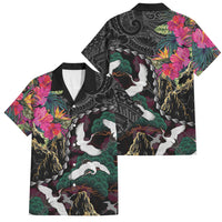 Hawaiian and Japanese Culture Family Matching Long Sleeve Bodycon Dress and Hawaiian Shirt Crane Sakura Hibiscus Tropical Vibes LT14 Dad's Shirt - Short Sleeve Black - Polynesian Pride