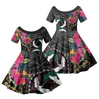 Hawaiian and Japanese Culture Family Matching Long Sleeve Bodycon Dress and Hawaiian Shirt Crane Sakura Hibiscus Tropical Vibes LT14 Daughter's Dress Black - Polynesian Pride