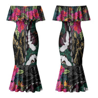 Hawaiian and Japanese Culture Family Matching Mermaid Dress and Hawaiian Shirt Crane Sakura Hibiscus Tropical Vibes LT14 Mom's Dress Black - Polynesian Pride