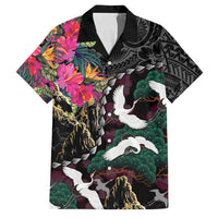 Hawaiian and Japanese Culture Family Matching Mermaid Dress and Hawaiian Shirt Crane Sakura Hibiscus Tropical Vibes LT14 Dad's Shirt - Short Sleeve Black - Polynesian Pride