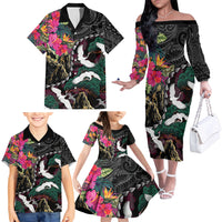 Hawaiian and Japanese Culture Family Matching Off The Shoulder Long Sleeve Dress and Hawaiian Shirt Crane Sakura Hibiscus Tropical Vibes LT14 - Polynesian Pride