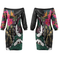 Hawaiian and Japanese Culture Family Matching Off The Shoulder Long Sleeve Dress and Hawaiian Shirt Crane Sakura Hibiscus Tropical Vibes LT14 Mom's Dress Black - Polynesian Pride
