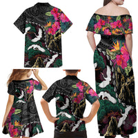 Hawaiian and Japanese Culture Family Matching Off Shoulder Maxi Dress and Hawaiian Shirt Crane Sakura Hibiscus Tropical Vibes