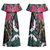 Hawaiian and Japanese Culture Family Matching Off Shoulder Maxi Dress and Hawaiian Shirt Crane Sakura Hibiscus Tropical Vibes LT14 Mom's Dress Black - Polynesian Pride