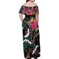 Hawaiian and Japanese Culture Family Matching Off Shoulder Maxi Dress and Hawaiian Shirt Crane Sakura Hibiscus Tropical Vibes