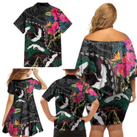 Hawaiian and Japanese Culture Family Matching Off Shoulder Short Dress and Hawaiian Shirt Crane Sakura Hibiscus Tropical Vibes