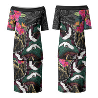 Hawaiian and Japanese Culture Family Matching Puletasi and Hawaiian Shirt Crane Sakura Hibiscus Tropical Vibes LT14 Mom's Dress Black - Polynesian Pride
