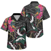 Hawaiian and Japanese Culture Family Matching Puletasi and Hawaiian Shirt Crane Sakura Hibiscus Tropical Vibes LT14 Son's Shirt Black - Polynesian Pride