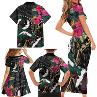 Hawaiian and Japanese Culture Family Matching Short Sleeve Bodycon Dress and Hawaiian Shirt Crane Sakura Hibiscus Tropical Vibes LT14 Mom's Dress Black - Polynesian Pride