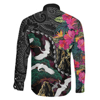 Hawaiian and Japanese Culture Family Matching Short Sleeve Bodycon Dress and Hawaiian Shirt Crane Sakura Hibiscus Tropical Vibes LT14 Son's Shirt Black - Polynesian Pride