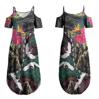 Hawaiian and Japanese Culture Family Matching Summer Maxi Dress and Hawaiian Shirt Crane Sakura Hibiscus Tropical Vibes LT14 Mom's Dress Black - Polynesian Pride