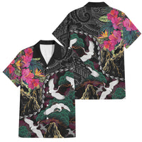 Hawaiian and Japanese Culture Family Matching Summer Maxi Dress and Hawaiian Shirt Crane Sakura Hibiscus Tropical Vibes LT14 Dad's Shirt - Short Sleeve Black - Polynesian Pride