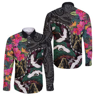 Hawaiian and Japanese Culture Family Matching Summer Maxi Dress and Hawaiian Shirt Crane Sakura Hibiscus Tropical Vibes LT14 Dad's Shirt - Long Sleeve Black - Polynesian Pride